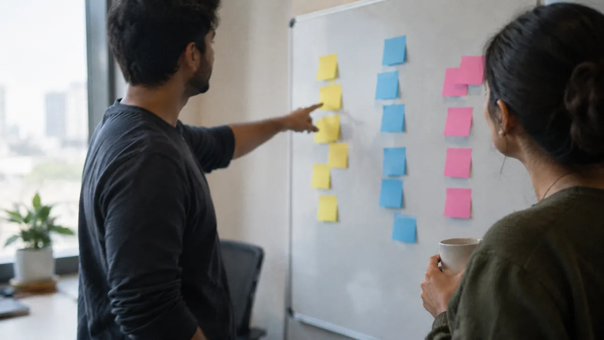 Two colleagues in a small office discussing sticky notes arranged in three columns on a whiteboard, representing choosing between MCP, CLI and skills