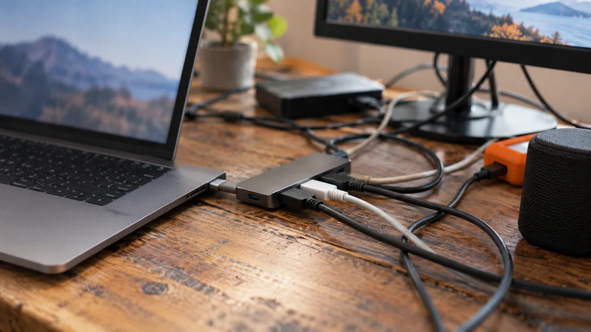 A laptop on a worn wooden desk with a USB-C hub and several cables running to a monitor, a hard drive and a speaker, a picture of one standard port connecting many devices