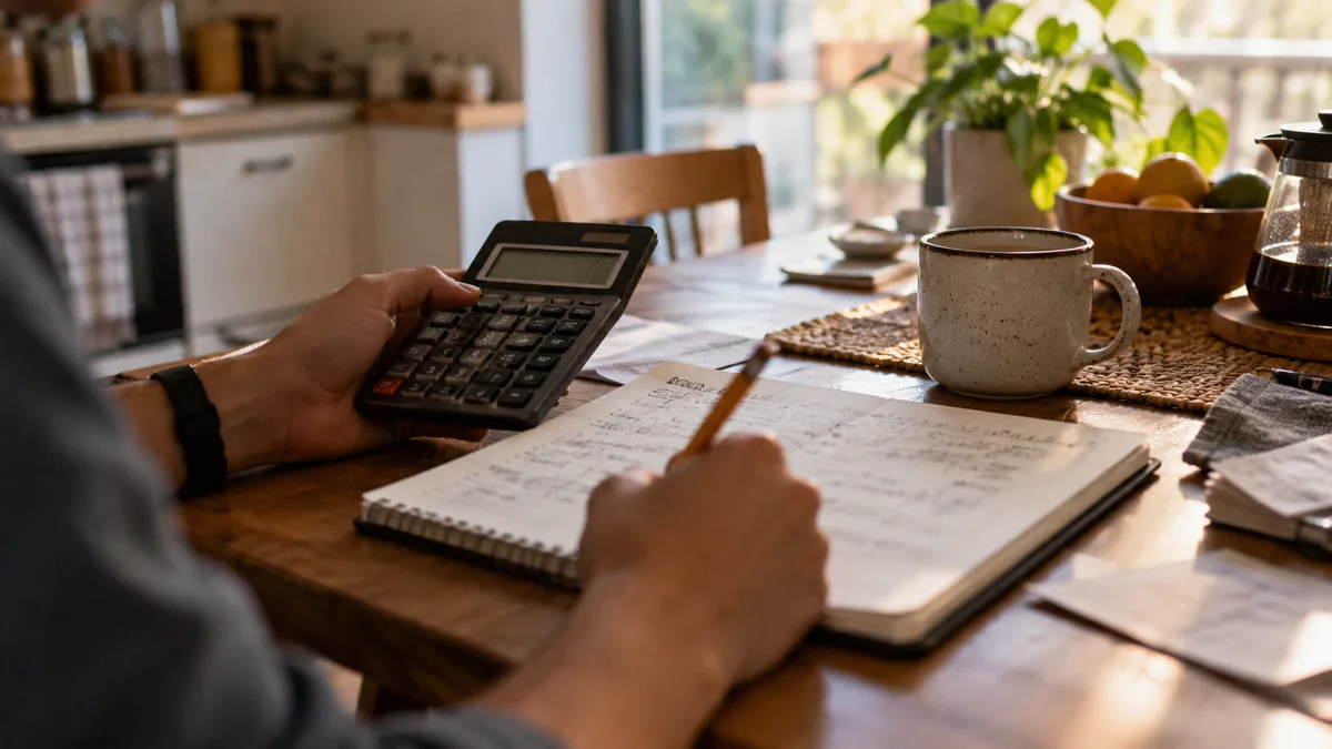 A hand-held calculator, a notebook with pencil figures and a cup of coffee on a kitchen table, representing estimating Claude API costs before building