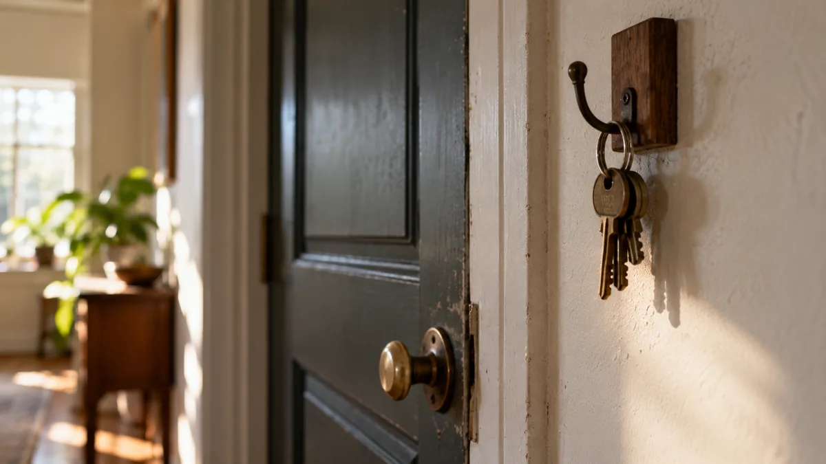 A small bundle of brass keys hanging from a hook on a wooden wall beside a closed door, representing keeping an API key safe