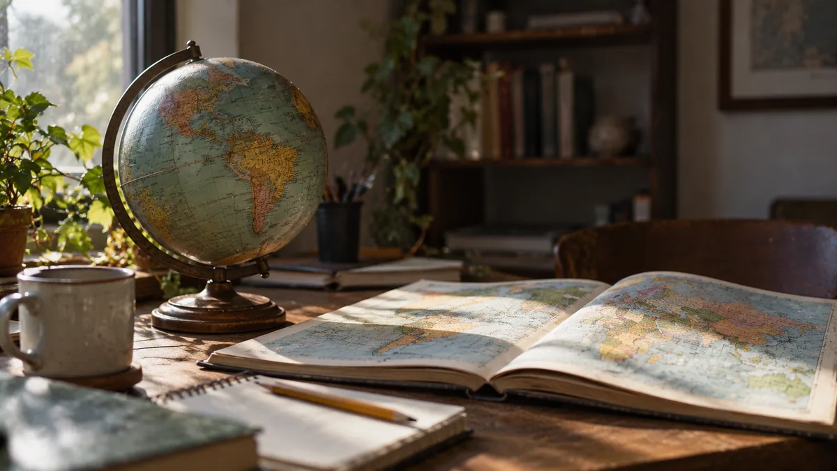 A vintage desk globe beside an open paper atlas on a wooden desk in window light, representing choosing a weather API by where your users are