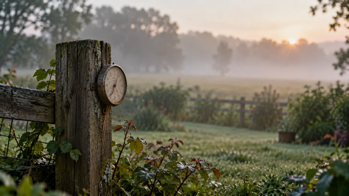 A weathered wooden fence post in a misty garden at dawn with a small round outdoor thermometer mounted on it, representing testing weather data sources